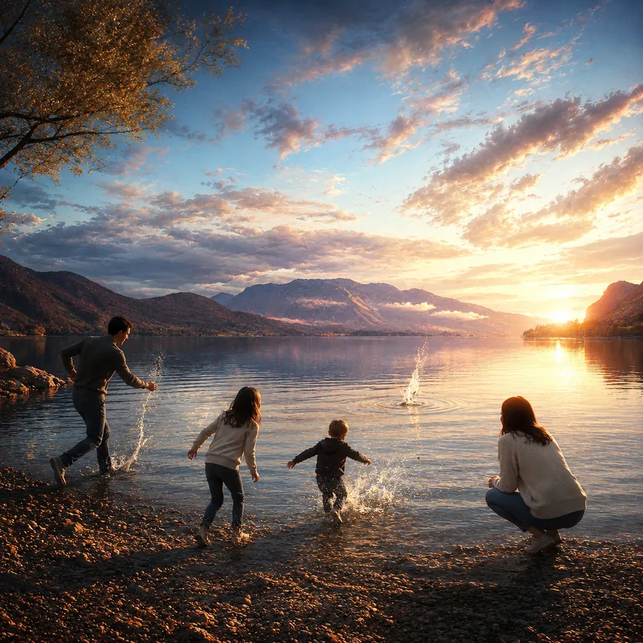 Famille au bord de l'eau